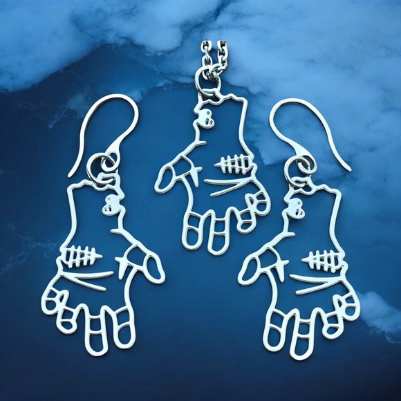 🆕 Zombie Hands Laser Cut Necklace and Earrings Set Stainless Steel - Picture 1 of 6